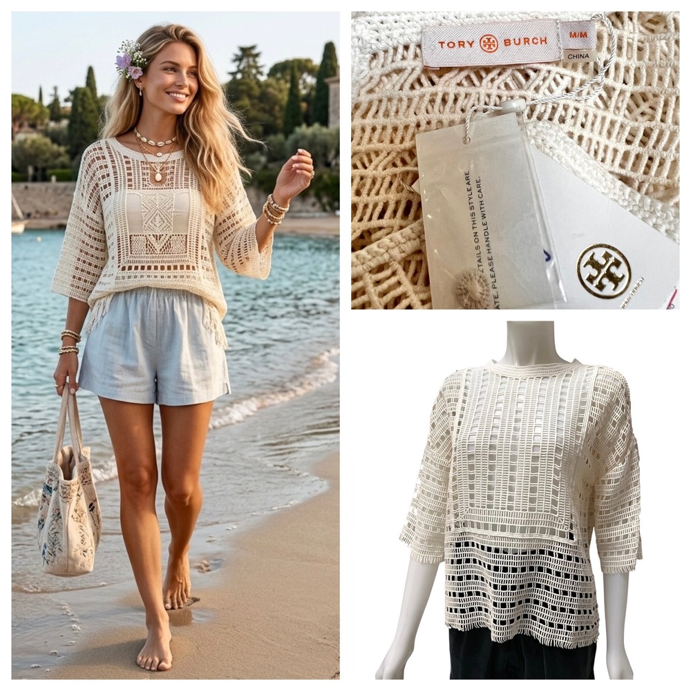 Tory Burch Crochet Lattice Open Work Tunic Top Beach Cover Up M NWT Resortwear